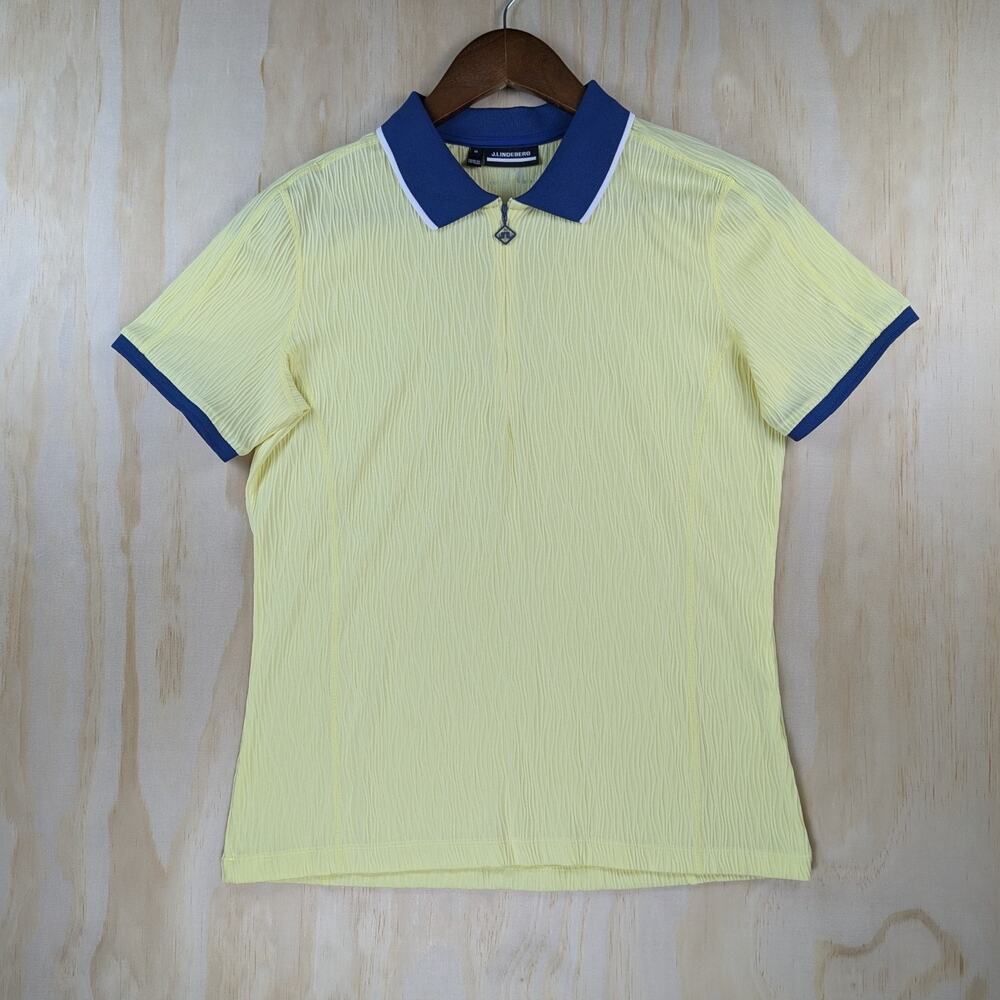 J.Lindeberg Women's Medium Yellow Blue Textured Short Sleeve 1/4 Zip Golf Polo